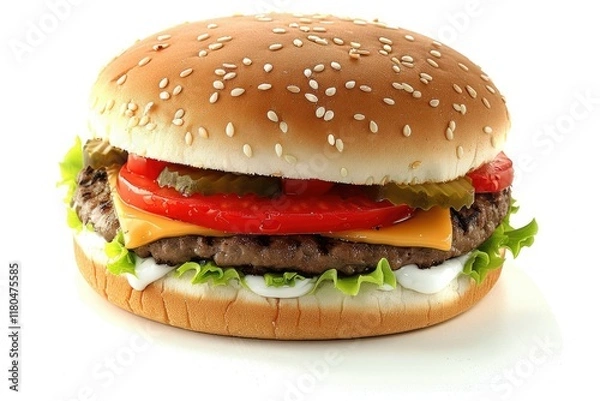 Fototapeta Vibrant Color Visual of Burger Isolated on White Background