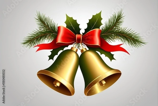 Fototapeta bells with red ribbon and holly leaves on a gray background