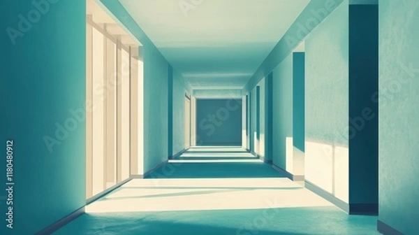 Fototapeta Serene Teal Corridor Interior Architectural Design