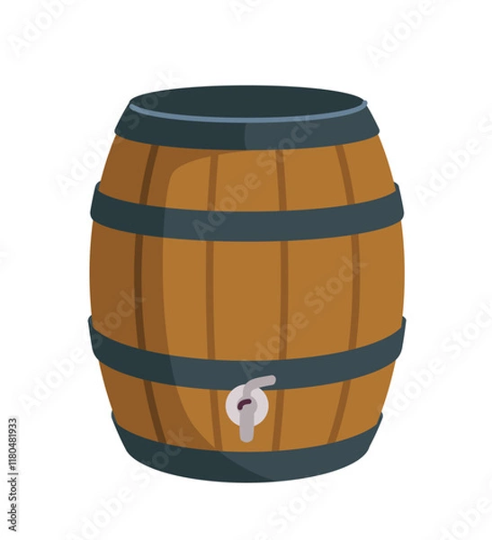 Fototapeta Wooden barrel with metal bands and tap, isolated on white background. Simple and clean vector style, perfect for rustic, storage, or beverage concepts. Vector illustration.
