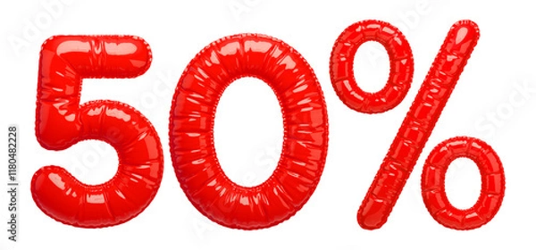 Fototapeta 50% Sale banner with red balloons. Bright, glossy red inflatable balloon numbers and a percentage sign isolated on a transparent background. 