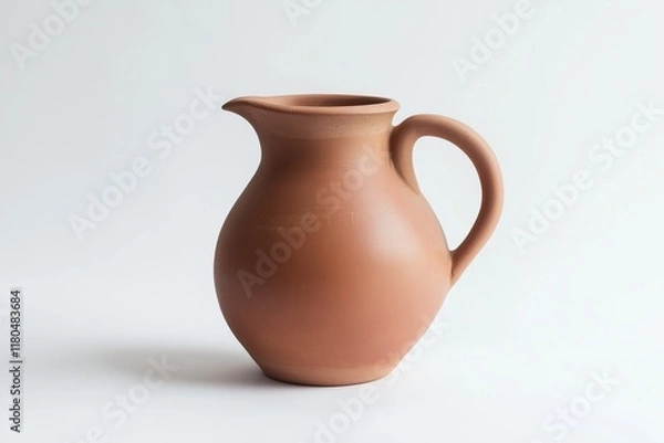Fototapeta Clay brown jug with a handle on a white background