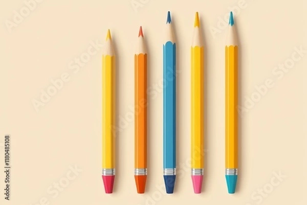 Fototapeta three pencils are lined up in a row on a beige surface