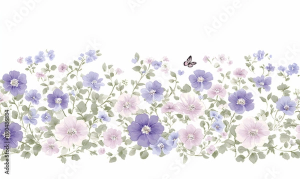 Fototapeta Delicate watercolor floral border with lavender and pink blossoms, perfect for wedding invitations, stationery, or fabric design.  Features a charming butterfly detail.