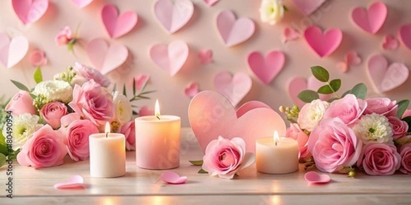 Obraz Soft pink paper hearts scattered around a table with a beautiful floral arrangement and a few candles , valentines day, paper hearts