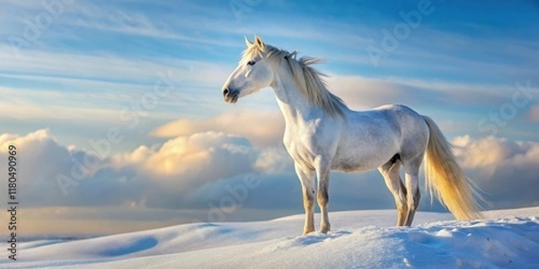 Fototapeta White horse in snow, standing alone, looking up at the sky, with gentle movement of its neck, snow