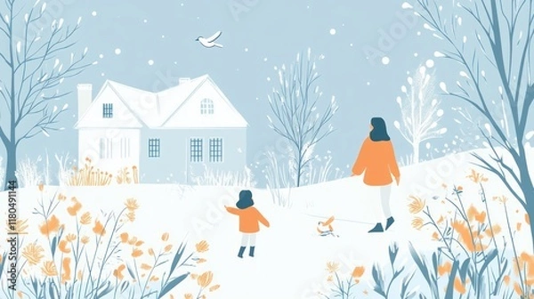 Obraz Winter stroll, mother, child, snowy landscape, house, postcard