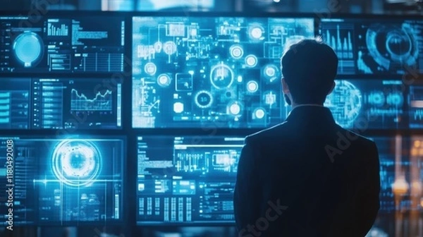 Obraz Project manager analyzing real time data displayed on several monitors, overseeing manufacturing operations in a high tech control room, ensuring smooth workflow and efficient production management
