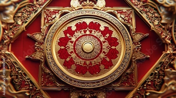 Obraz Ornate Golden Frame Encircles Red Intricate Design