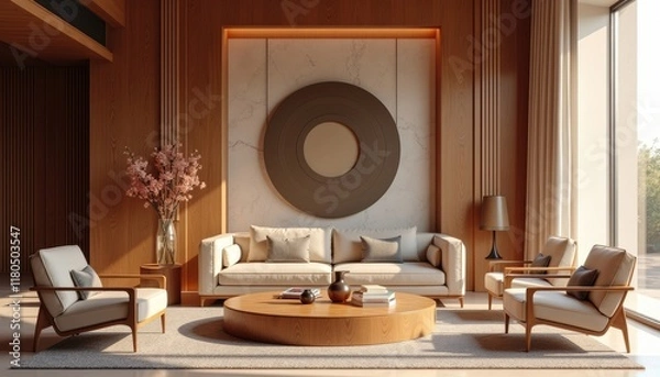 Fototapeta Modern art deco interior japandi living room with a large circular mirror, wooden furniture, and a large window.