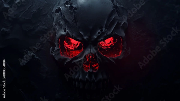 Fototapeta Edgy Abstract Skull Logo with Glowing Red Eyes and Ominous Textures