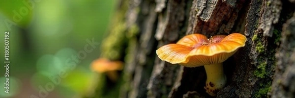 Fototapeta Fungi growing through the cracks in tree trunk, tree trunk, brown, crack fungus