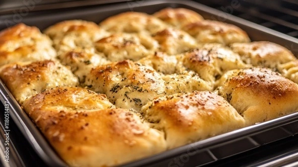 Fototapeta A close-up of a baking sheet with freshly baked garlic bread rolls. The bread is golden brown and has a crispy crust.