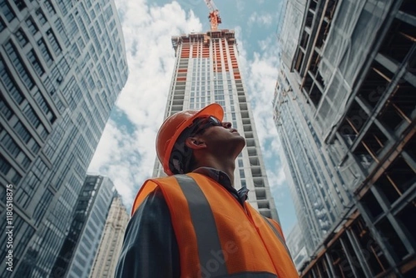 Obraz Construction Engineer Observing Skyscraper Development Site. Modern Urban Architecture and Engineering Excellence