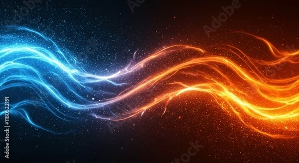 Fototapeta Fiery Ice Abstract: A mesmerizing digital art piece depicting intertwining streams of vibrant blue and fiery orange energy, creating a captivating visual of contrasting elements.