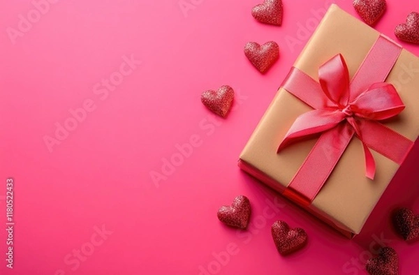 Fototapeta Photo of a gift box with ribbon and small hearts on a pink background, top view. Flat lay composition for a Valentine's Day celebration. Space for text in the center. Copy space. High quality.