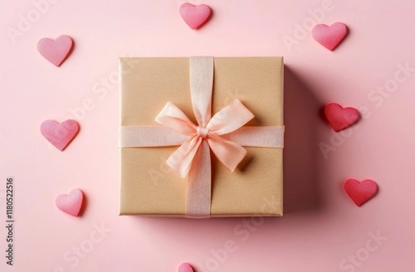 Fototapeta Photo of a gift box with ribbon and small hearts on a pink background, top view. Flat lay composition for a Valentine's Day celebration. Space for text in the center. Copy space. High quality.
