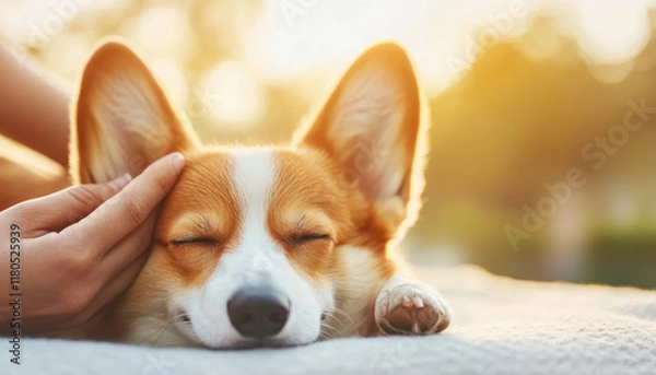 Fototapeta Corgi lying peacefully while receiving gentle massage in sunlight