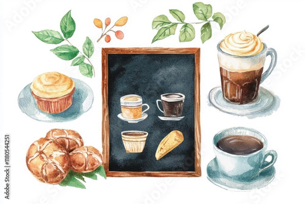 Fototapeta A vibrant coffee and pastry illustration featuring various drinks and treats, perfect for any cafe or food-related project.