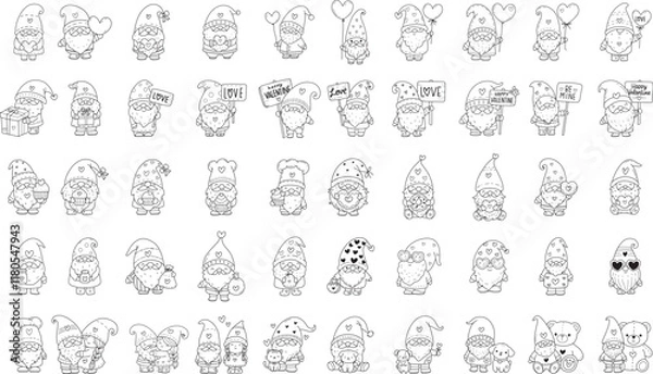 Fototapeta Cute Valentine gnomes gnomes with hearts for valentine for coloring book, cartoon,wedding.vector illustration