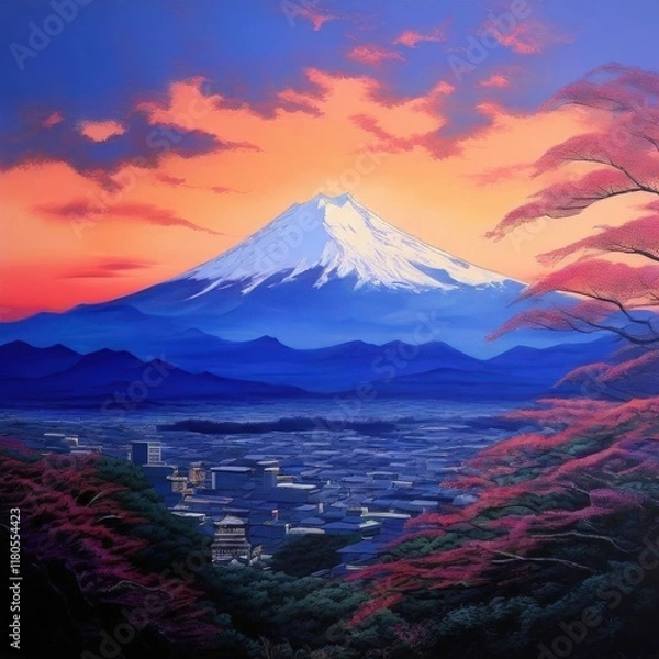 Fototapeta the AI Image Generator, Capped Mountain Viewed Through Vibrant Forested Landscape