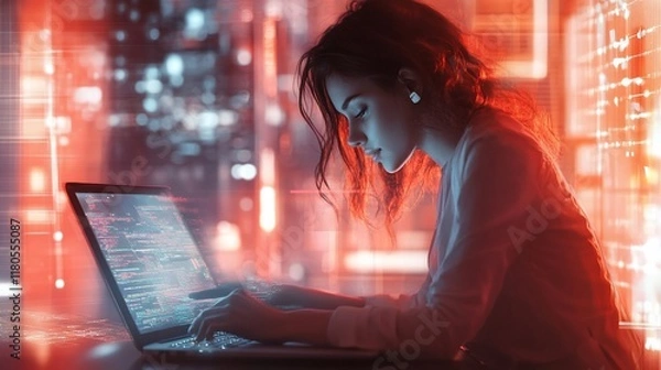 Fototapeta Woman coding at night, futuristic city backdrop.