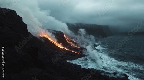 Fototapeta Fiery lava cascades over a rugged cliffside into the roiling ocean, shrouded in thick smoke under a stormy sky, creating a dramatic natural spectacle.