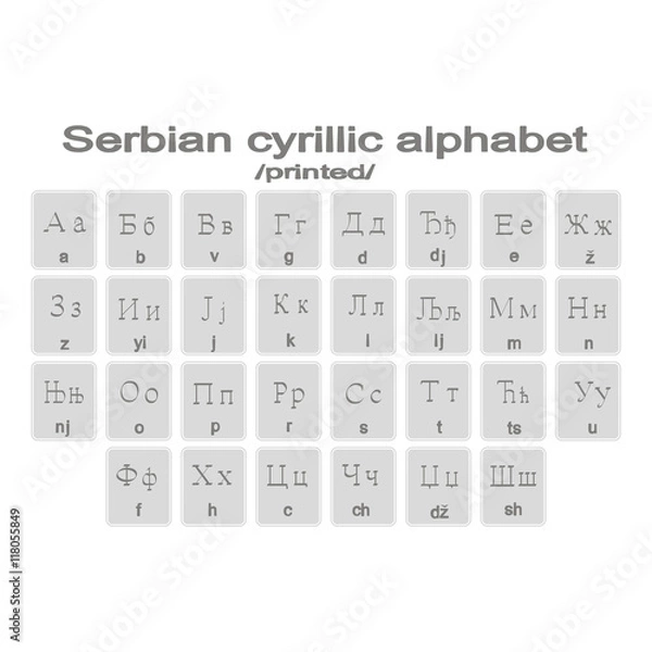 Fototapeta Set of monochrome icons with printed serbian cirillic alphabet for your design