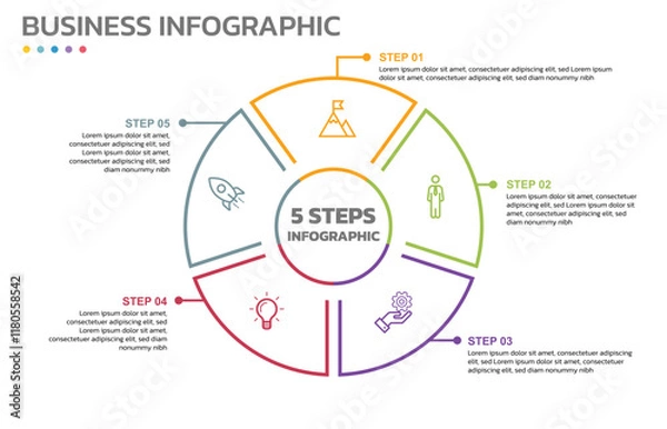 Fototapeta Visual data presentation. Cycle diagram with 5 options. Pie Chart Circle thin line infographic template with 5 steps, options, parts, segments. Business concept. Editable pie chart with sectors.