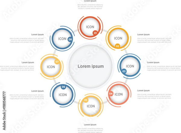 Fototapeta Business Modern Infographics template. 8 steps rounded timeline with options and marketing icons Vector rounded infographic with eight circle connected elements. Design can be use for presentation.