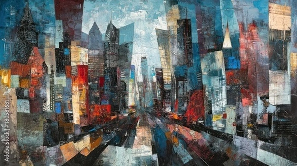 Fototapeta Abstract cityscape painting with vibrant colors and textured brushstrokes.