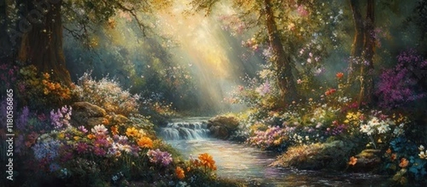 Fototapeta Serene forest stream with vibrant wildflowers and sunlight.
