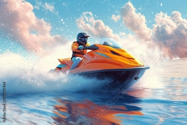 Fototapeta Person jetskiing across ocean, sunny sky.