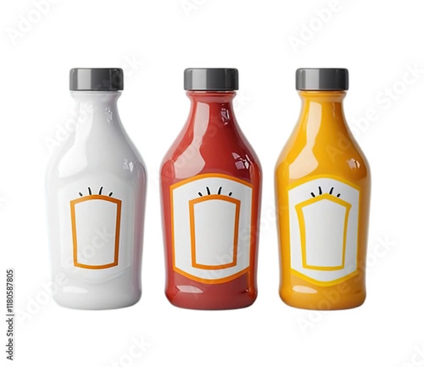 Obraz lank mockup of three white ketchup bottles, a yellow mustard bottle, and a red tomato sauce bottle