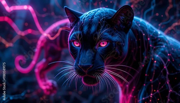 Fototapeta Neon black panther with glowing lines generative art