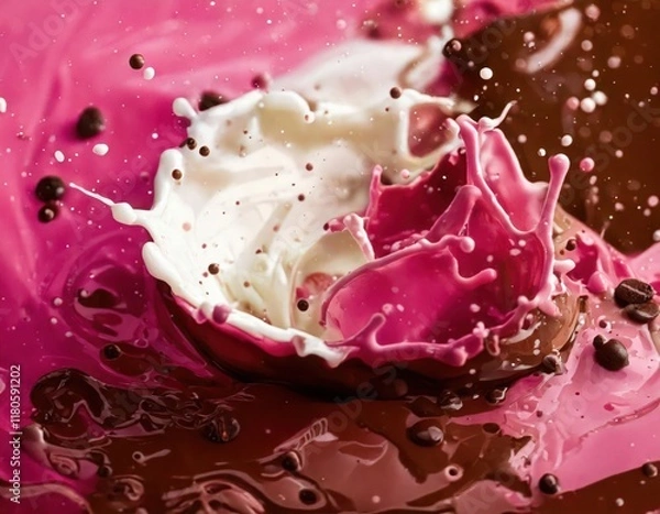 Fototapeta Chocolate and Pink Splash: A vibrant abstract image of chocolate and pink paint splashing and swirling, creating a mesmerizing and dynamic composition. Perfect for food, art, and design projects.  