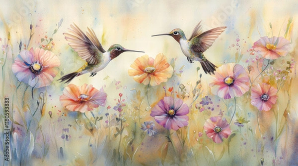 Fototapeta Two hummingbirds hover over colorful flowers in a serene, dreamy landscape, capturing the beauty of nature and its vibrant colors.