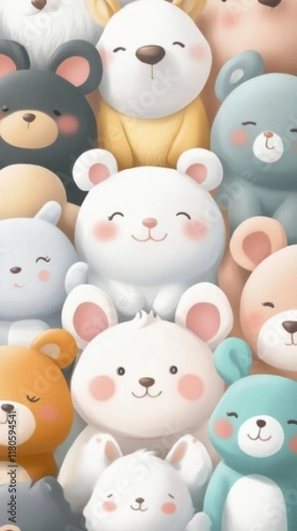 Fototapeta 3D rendering of a group of cute cartoon animals on a white background.