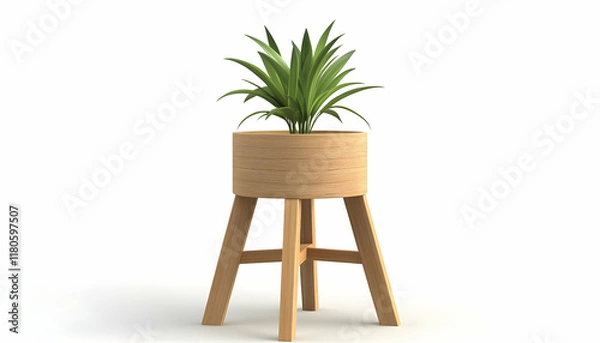 Fototapeta Wooden Plant Stand: A simple yet stylish wooden plant stand with three legs, showcasing a lush green plant.  The perfect addition to any modern home or office.