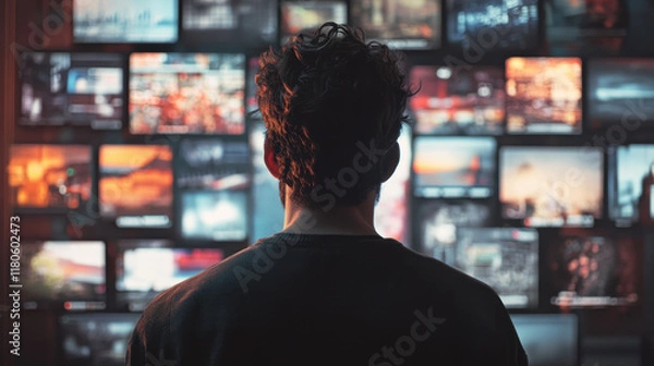 Fototapeta image depicts person observing multiple screens displaying various visuals, creating sense of intrigue and contemplation about technology and media