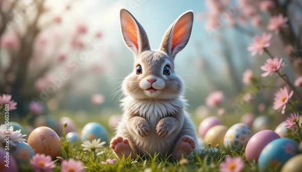 Obraz Happy Easter Bunny with many colorful easter eggs. Generative AI.