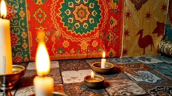 Fototapeta Overhead bird’s-eye view of a warm golden glow on a canvas texture background with an Islamic pattern, vintage gray-brown rusty patchwork tiles, and a stone concrete cement wall. Radiant, luxurious