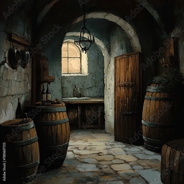 Obraz Medieval Wine Cellar: Aged Barrels and Stone Walls