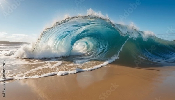 Obraz A large wave is crashing on the beach, creating a beautiful and powerful scene, Generative AI