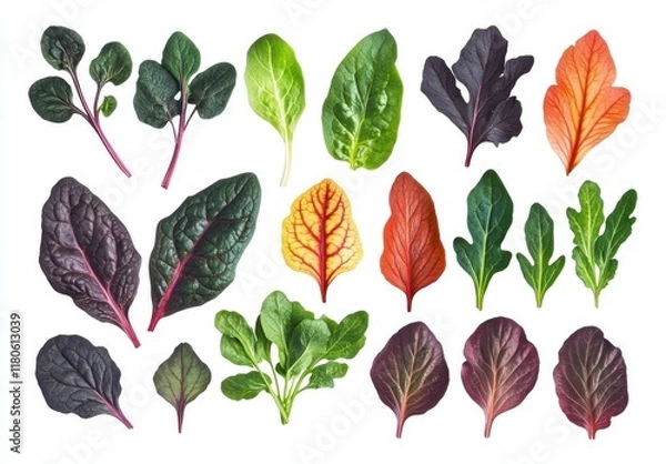 Fototapeta A Vibrant Collection of Fresh Leafy Greens and Colorful Vegetable Leaves Displayed on a White Background for Culinary and Health Inspiration