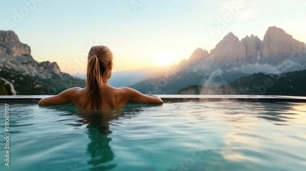 Fototapeta Enjoying serenity at a luxurious infinity pool in the Dolomites at sunrise