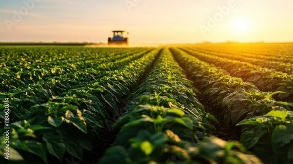 Fototapeta Evening farming operations as tractor sprays pesticide across hop fields