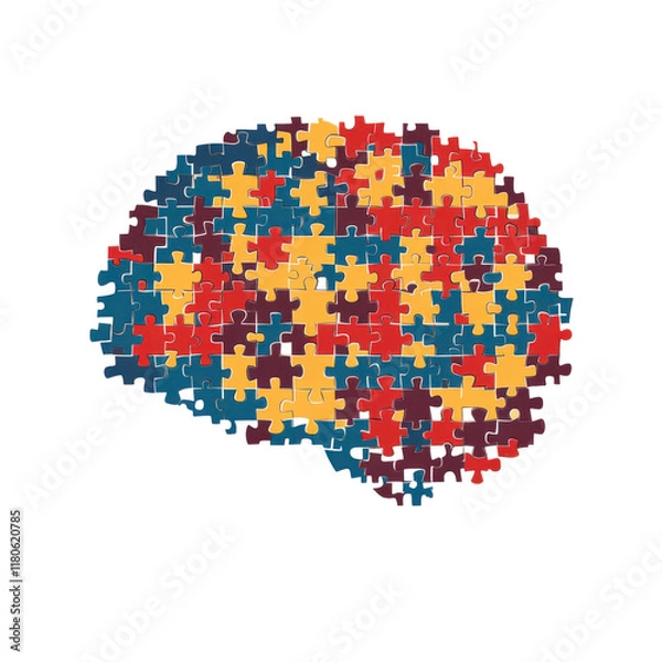 Fototapeta Colorful jigsaw puzzle pieces forming a brain shape; symbolizes autism awareness, mental health, problem-solving, or cognitive function.