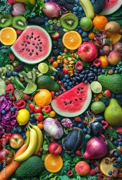 Fototapeta Colorful Assortment of Fresh Fruits and Vegetables Laid Out in a Vibrant Display for Healthy Eating Concept and Nutritional Background
