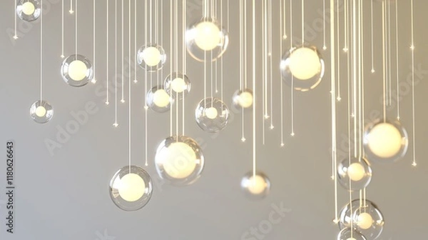 Fototapeta A series of hanging glass balls with a white light shining on them